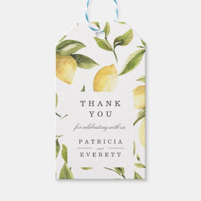 Étiquettes-cadeau BLANCHE | Citrons et feuilles verts mariages merci (Devant)