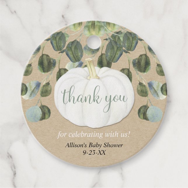 Étiquettes Cadeau Blancs citrouille verdure eucalyptus chute rustiqu (Devant)