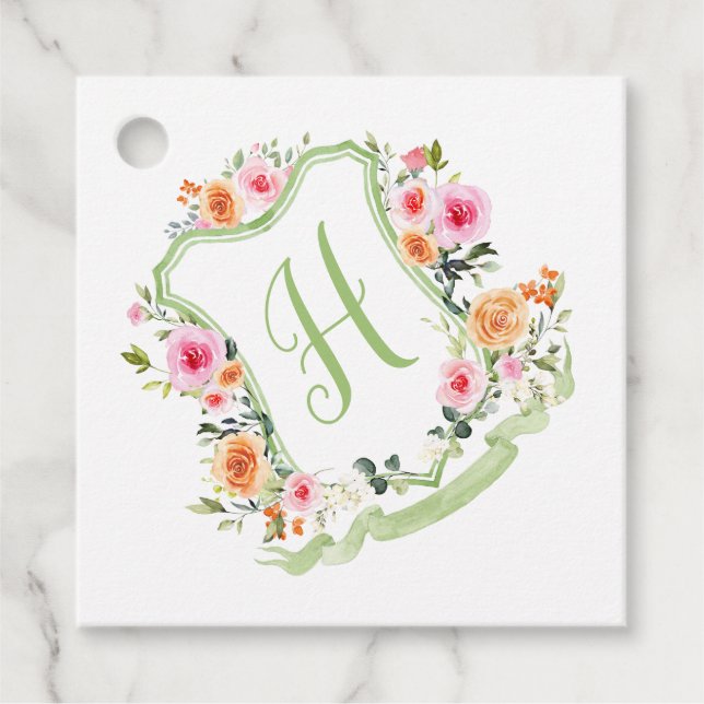 Étiquettes Cadeau Blason floral à l'aquarelle, Monogramme, Vert & Ro (Devant)