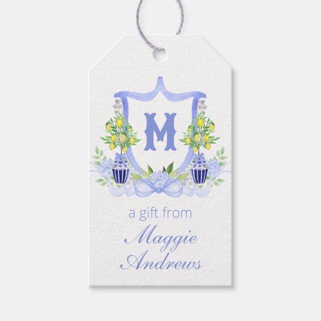 Étiquettes-cadeau Blason Monogramme d'Arbre de Citron à l'Aquarelle (Devant)