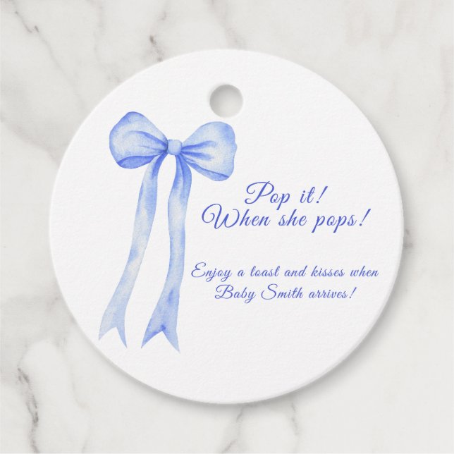 Étiquettes Cadeau Bleu à l'arc Bébé shower Pop it! (Devant)