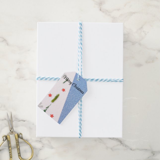 Étiquettes-cadeau Bleu blanc et brillant avec Pine Tree, Star And Fl (Avec de laficelle)