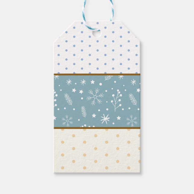 Étiquettes-cadeau Bleu, Blanc, Pois Tan, Snowflakes & Stars (Devant)