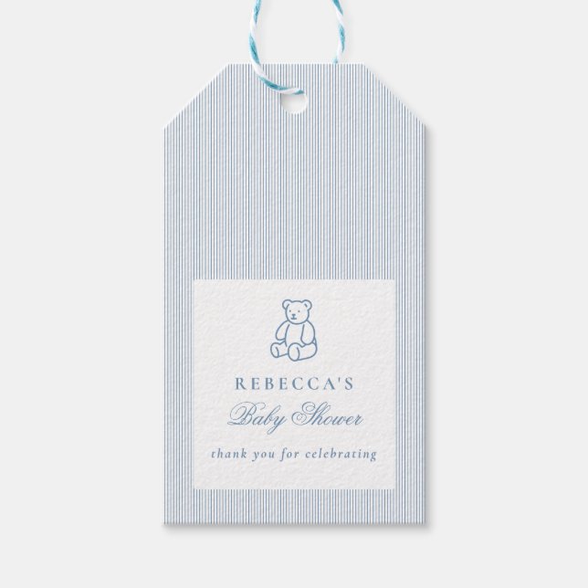 Étiquettes-cadeau Bleu blanc Teddy Bear Preppy Elegant Baby shower (Devant)