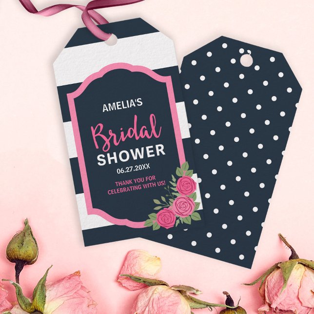 Étiquettes-cadeau Bleu Blancs Fête des mariées Roses Roses Rose (Créateur téléchargé)