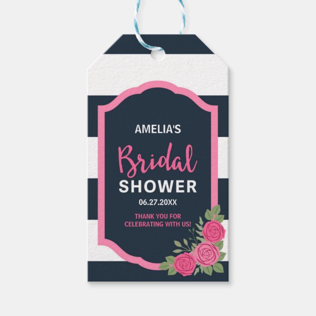 Étiquettes-cadeau Bleu Blancs Fête des mariées Roses Roses Rose (Devant)