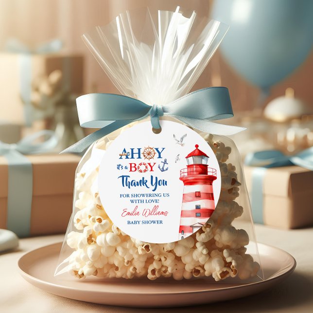 Étiquettes Cadeau Bleu Bleu Doux Rouge Nautique Ahoy Boy Phare (Créateur téléchargé)