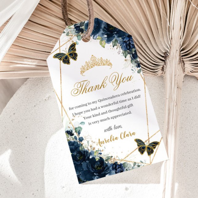 Étiquettes-cadeau Bleu bleu marine papillons floraux Quince 16e anni (Créateur téléchargé)