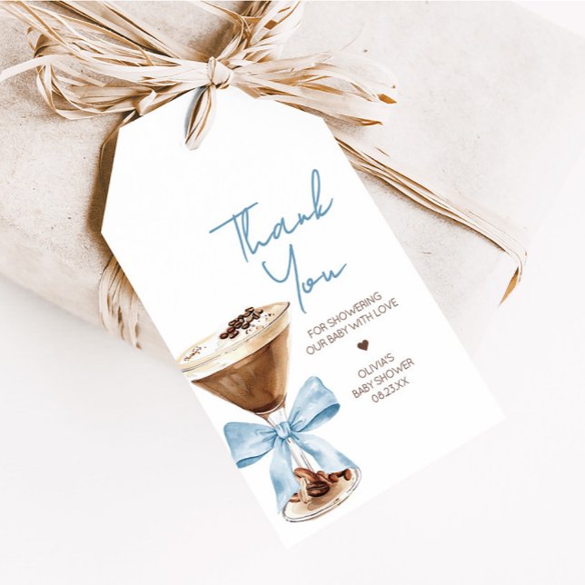 Étiquettes-cadeau Bleu Bow Espresso Martini Baby shower Favoriser Ta (Blue Bow Tini One Espresso Martini Baby Shower Favor Tags)