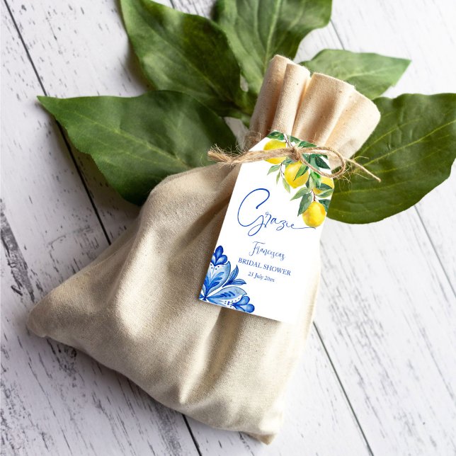 Étiquettes-cadeau Bleu carreaux citrons italien nuptiale (Blue tiles lemons vintage Italian bridal shower thank you favor Gift Tags personalized favor tags)