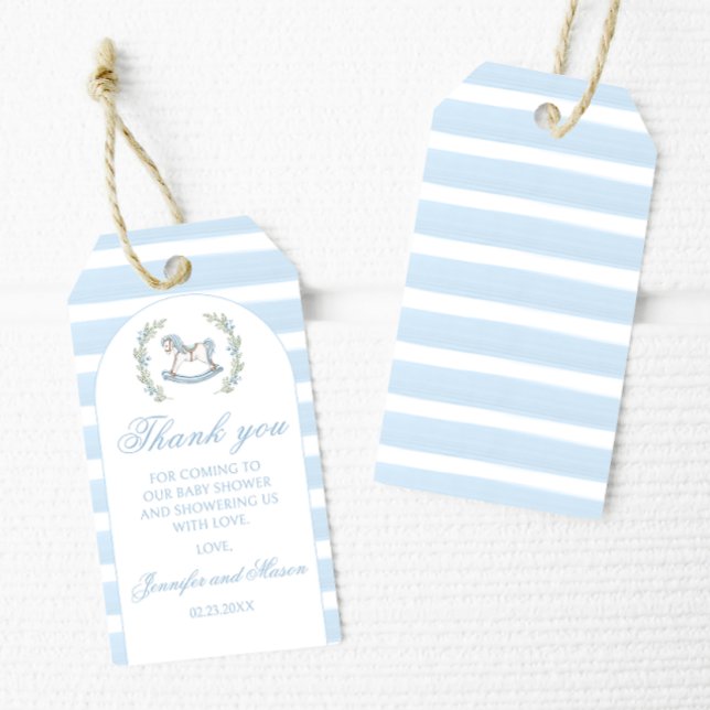 Étiquettes-cadeau Bleu cheval boho arch bébé garçon douche merci (Créateur téléchargé)