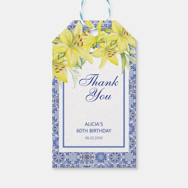 Étiquettes-cadeau Bleu Chic Portugais Azulejo Jaune Lily Merci (Devant)