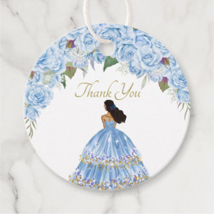 Étiquettes Cadeau Bleu clair Rose Floral Quinceeanera Merci Fav