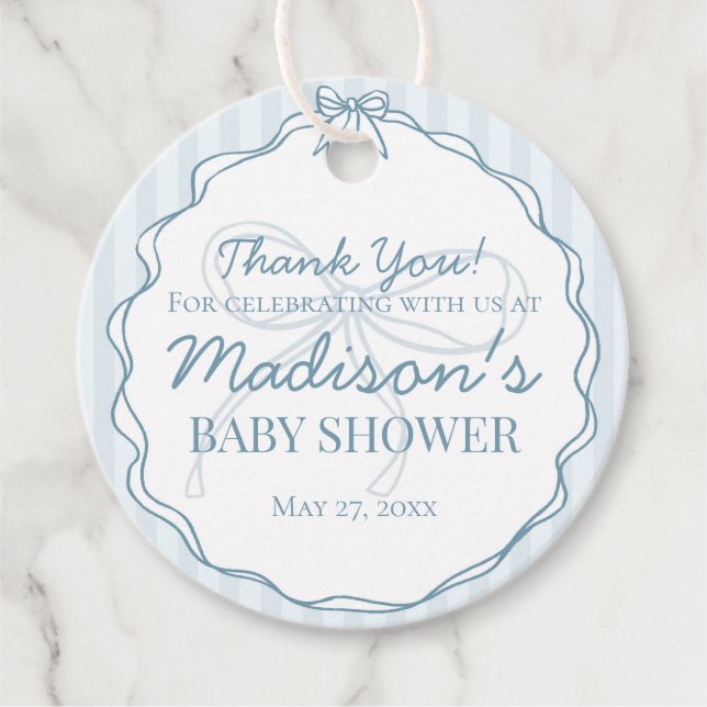 Étiquettes Cadeau Bleu Coquette Bow Pastel Baby shower rayé (Devant)
