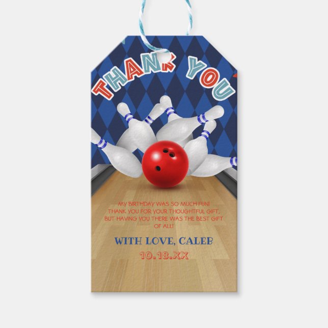 Étiquettes-cadeau Bleu Diamond Strike Bowling Anniversaire (Devant)