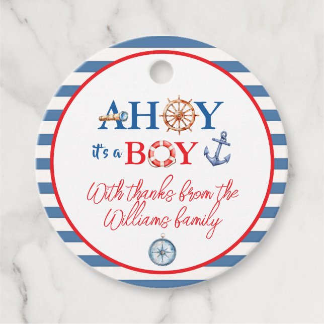 Étiquettes Cadeau Bleu doux rayé Rouge Nautique Ahoy Boy Compass (Devant)