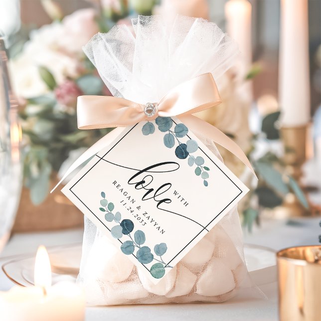 Étiquettes Cadeau Bleu Duché Eucalyptus Mariage Avec Amour (Créateur téléchargé)