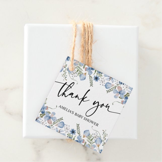 Étiquettes Cadeau Bleu Dusty Baby shower Fleur sauvage Favoriser les (En situation)
