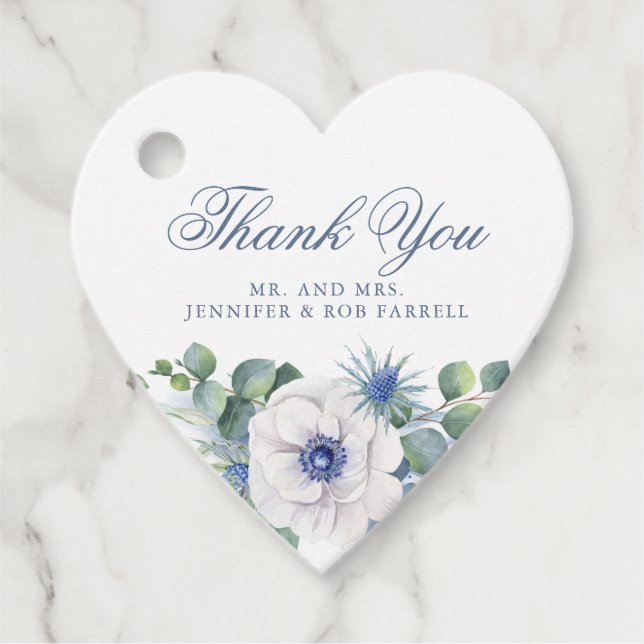 Étiquettes Cadeau Bleu Dusty Floral Verdure Amour Coeur Mariage (Devant)