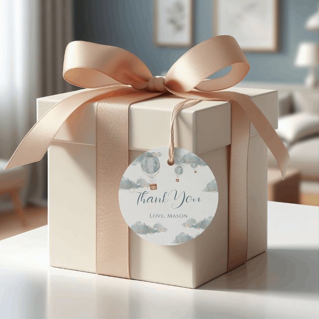 Étiquettes Cadeau Bleu Dusty Gold Hot Air Balloon Premier anniversai (Créateur téléchargé)