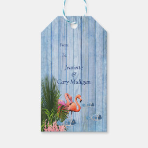 Étiquettes-cadeau Bleu Eau Cailloux, Flamants roses Roses & Poissons