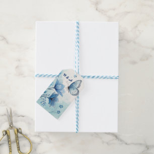 Étiquettes-cadeau Bleu Élégant Aquarelle Nature Floral & Papillon