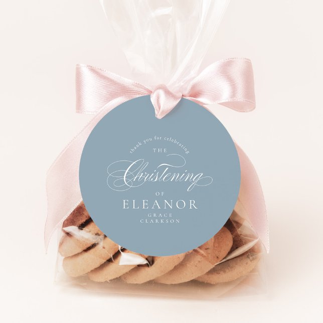 Étiquettes Cadeau Bleu Élégante calligraphie Christening Merci (Créateur téléchargé)