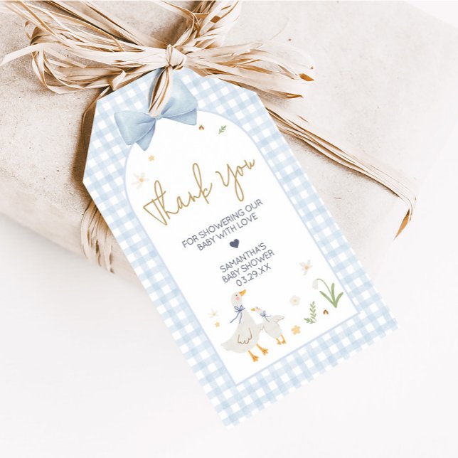 Étiquettes-cadeau Bleu En vichy oie soie Baby shower Favoriser les é (Silly Goose Gingham Baby Shower Favor Tags)