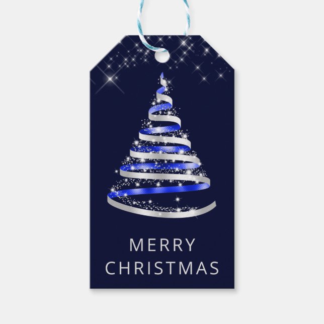 Étiquettes-cadeau Bleu et argent Ruban et Parties scintillant Arbre  (Devant)