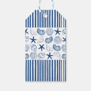 Étiquettes-cadeau Bleu et blanc Bandes et coquilles marines