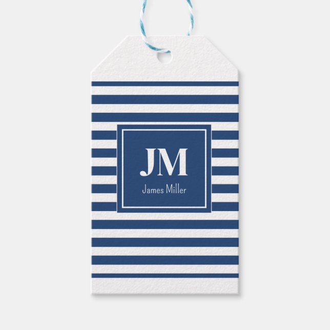 Étiquettes-cadeau Bleu et blanc Rayures nautiques Monogramme (Devant)