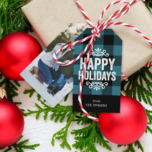 Étiquettes-cadeau Bleu et noir Buffalo Check Russe Photo de vacances (Créateur téléchargé)