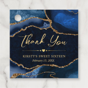 Étiquettes Cadeau Bleu et Or Fausse Agate Pailletée Sweet Sixteen