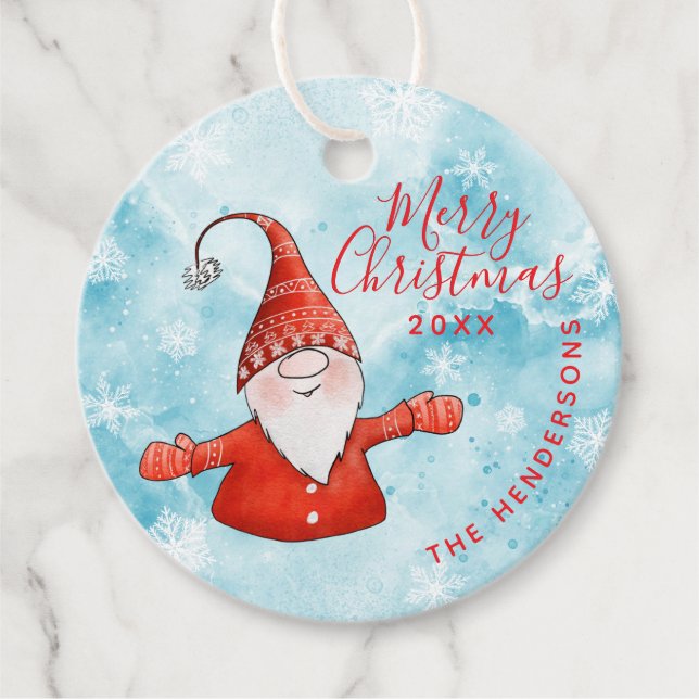 Étiquettes Cadeau Bleu et rouge mignonne Gnome Joyeux Noël (Devant)