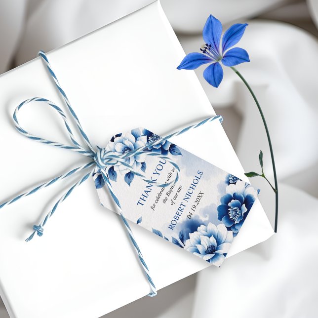 Étiquettes-cadeau Bleu floral Chinoiserie garçon baptême Merci (Créateur téléchargé)