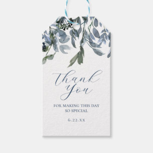 Étiquettes-cadeau Bleu floral script daté merci aquarelle