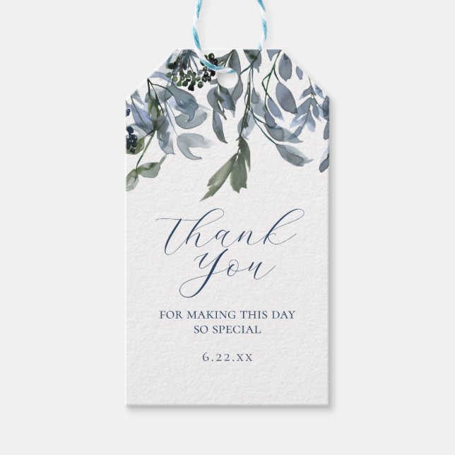 Étiquettes-cadeau Bleu floral script daté merci aquarelle (Devant)