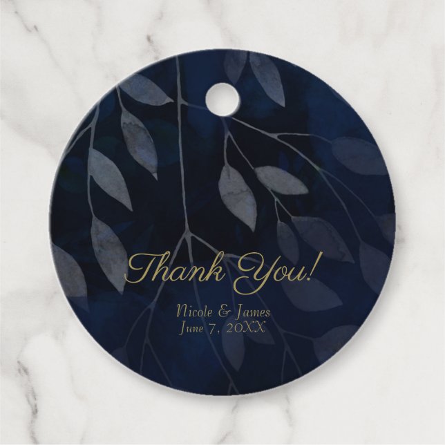 Étiquettes Cadeau Bleu foncé Botanique Feuille Moderne Chic Mariage (Devant)