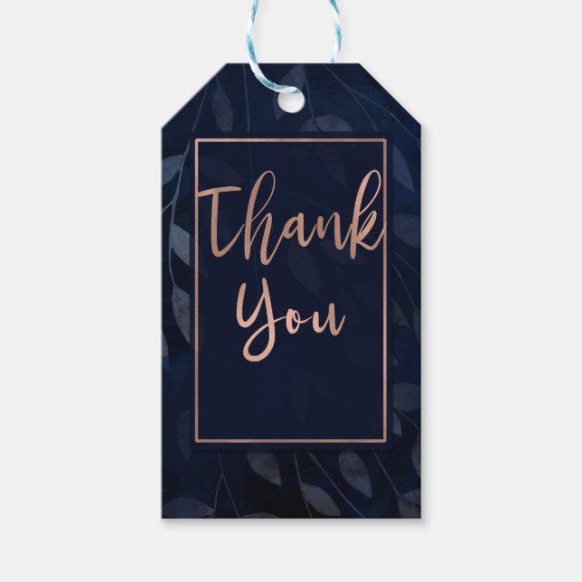Étiquettes-cadeau Bleu foncé Botanique Feuille rose moderne Mariage (Devant)