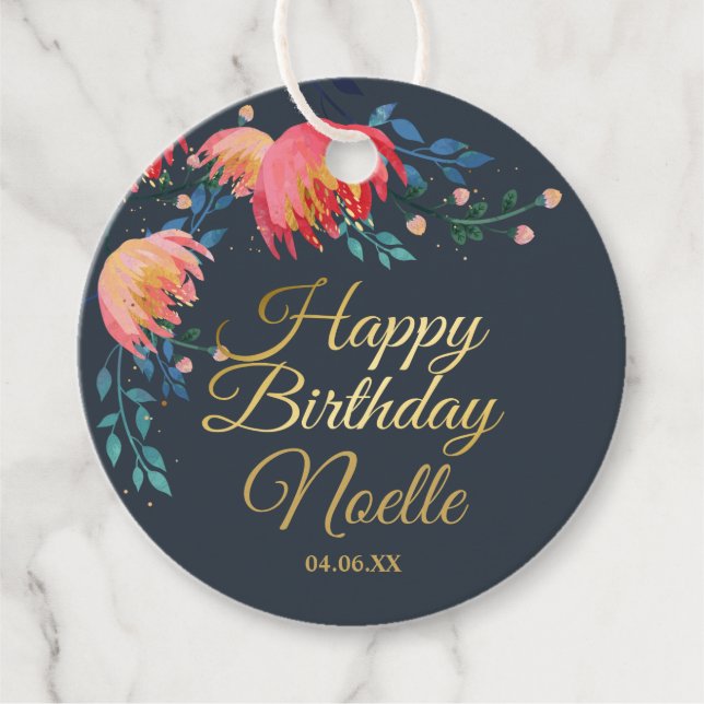 Étiquettes Cadeau Bleu foncé, Élégant, Fleurs Whimsical, Accent Or (Devant)