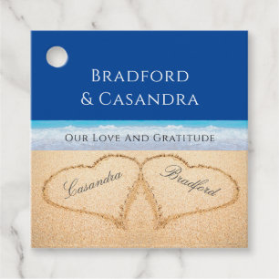 Étiquettes Cadeau Bleu foncé Plage Mariage 2 Coeurs dans le sable
