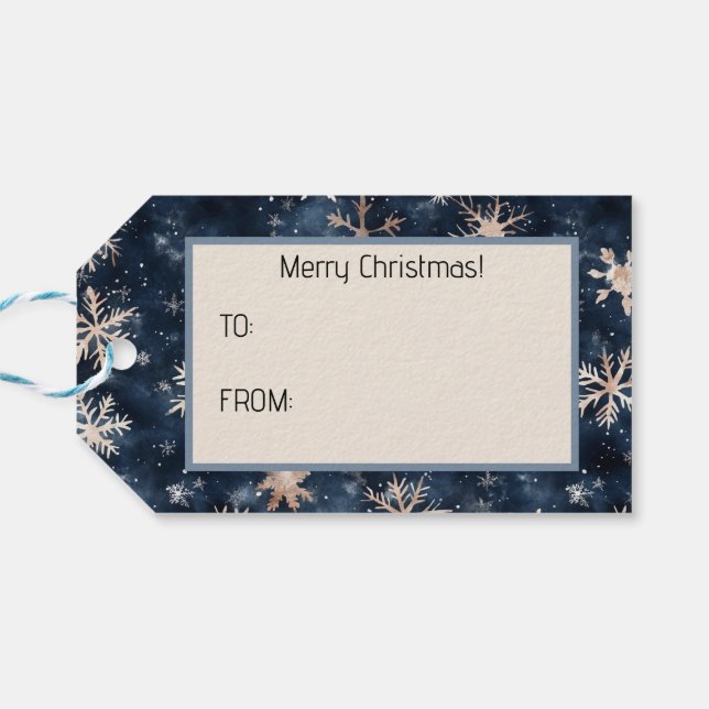 Étiquettes-cadeau Bleu foncé simple avec flocons de neige (Dos Horizontal)