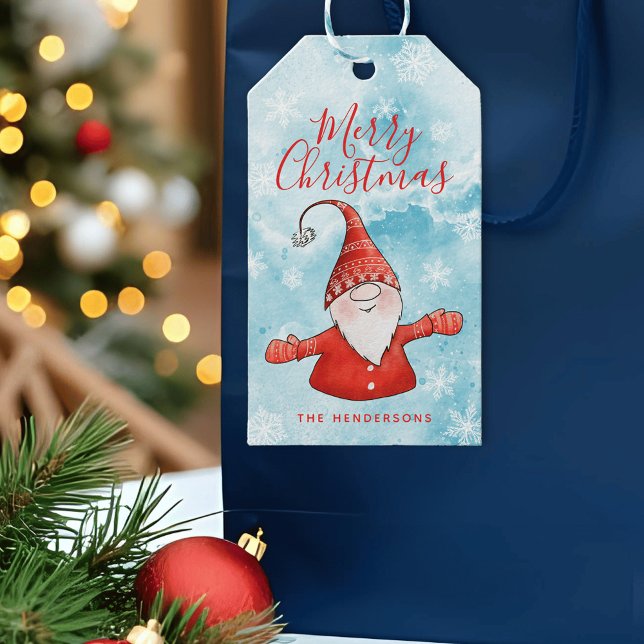 Étiquettes-cadeau Bleu Gnome et rouge Joyeux Noël (Personalized Blue and Red Merry Christmas Gift Tags with a Cute Gnome )