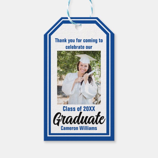 Étiquettes-cadeau Bleu Graduate photo Graduation personnalisée (Devant)