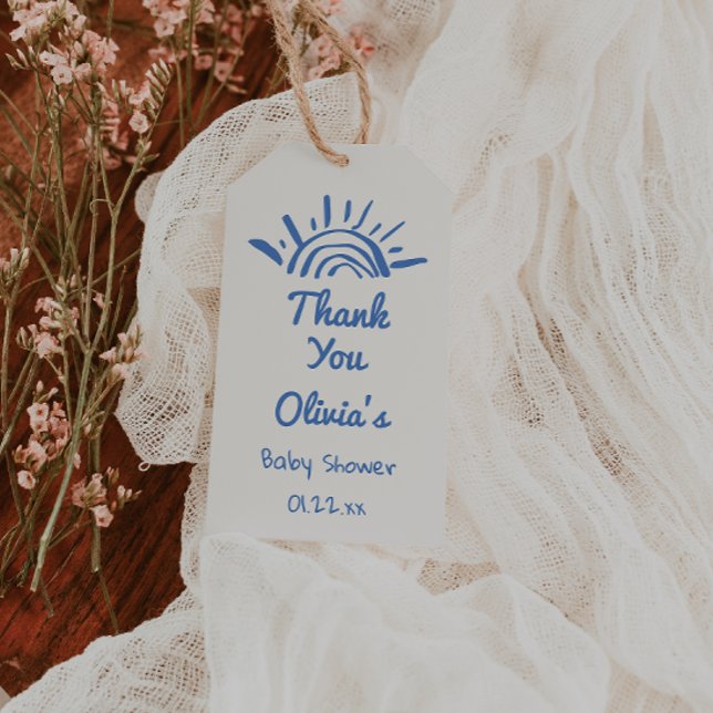 Étiquettes-cadeau Bleu Ici Vient Le Baby shower Fils Dessiné À La Ma (Créateur téléchargé)