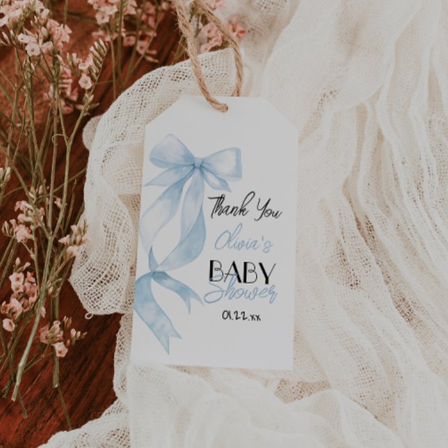 Étiquettes-cadeau Bleu Main Écrite Bow Baby Boy Douche (Créateur téléchargé)