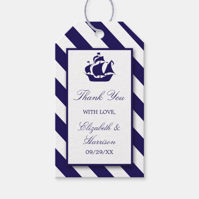 Étiquettes-cadeau Bleu Mariage de navire marine (Devant)