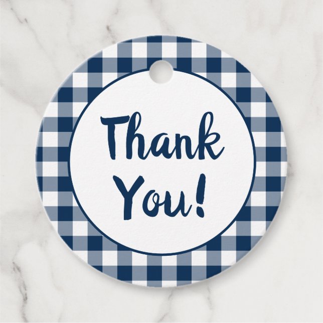 Étiquettes Cadeau Bleu marine Gingham Merci (Devant)