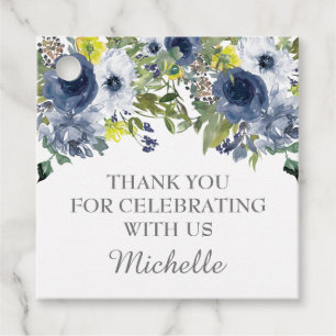 Étiquettes Cadeau Bleu marine jaune floral aquarelle Merci