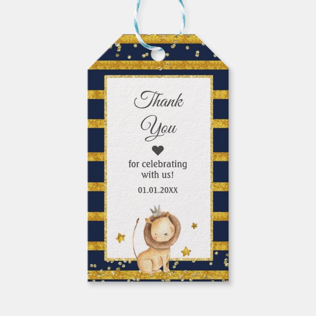 Étiquettes-cadeau Bleu Marine Parties scintillant Lion Cartes de rem (Devant)